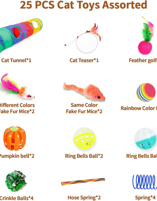 Load image into Gallery viewer, Cat Toys for Indoor Cats Interactive, 25 Assorted Cat Stuff Toys Pack Including Crinkle Tunnel Ball Wand Teaser Feather Mouse Mice Spring Assortment Kit for Cats Kittens Rabbits Puppies

