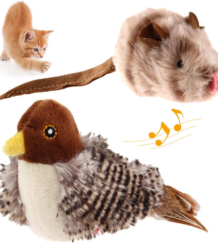 Interactive Cat Toy Squeaky, Electronic Chirpy Bird Cat Toy Feather Tail, Automatic Cat Play Squeak Toy for Boredom