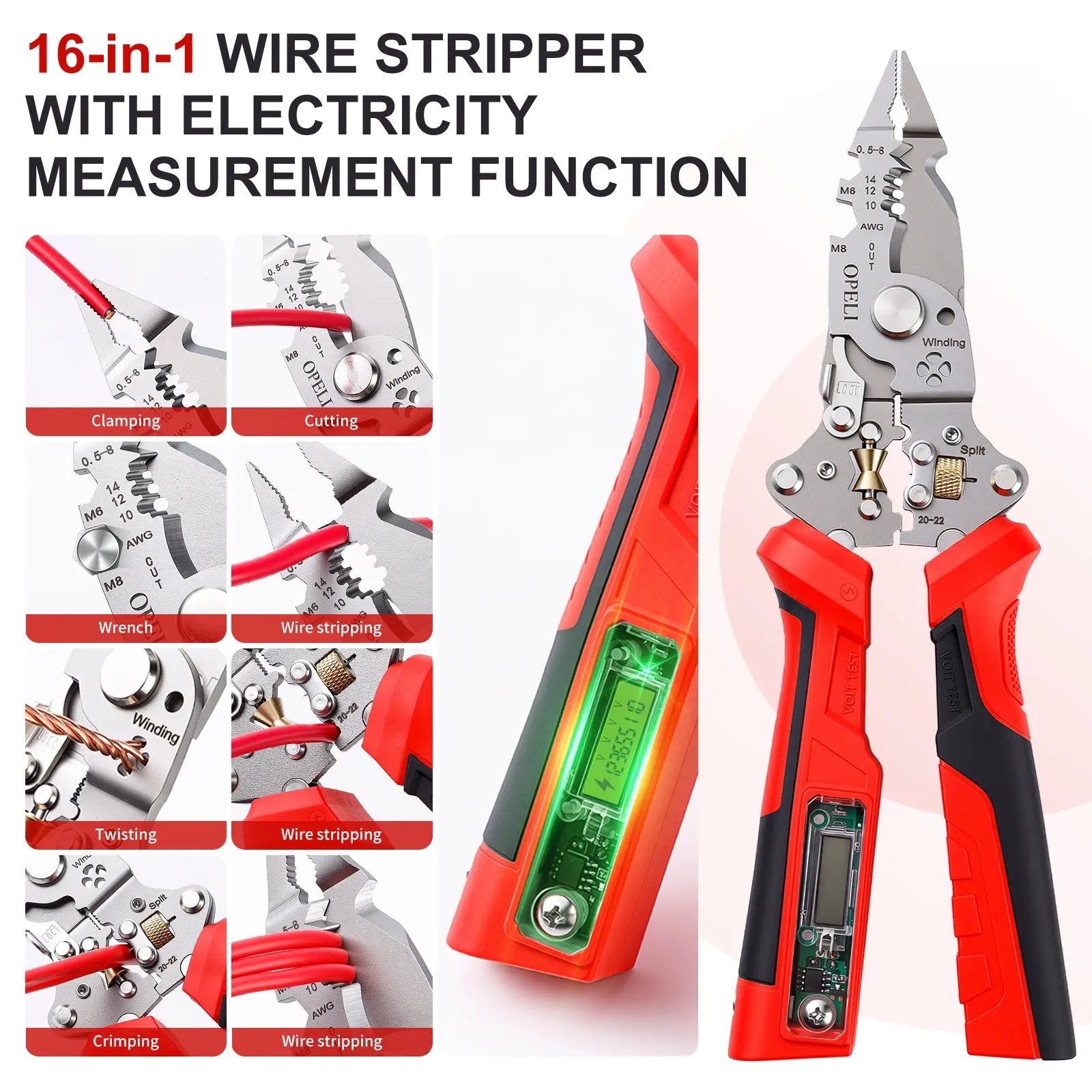 OPELI 16-In-1 Wire Stripping Pliers, 2026 New Rechargeable Wire Strippers Tool with Voltage Tester&Alarms, Detectable 12-250V, Heavy-Duty Electrical Pliers&Wire Cutters–For Professional and Home Use