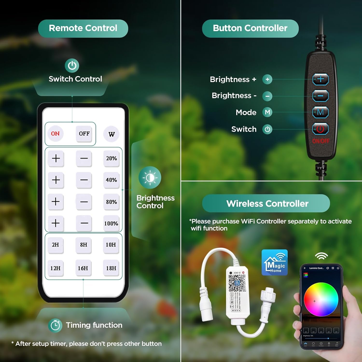 LED Aquarium Light, Planted Tank Light 4 Channels Remote Control 6500K Aquarium LED Light for Freshwater Fish Tank Refugium with Gooseneck (F20 18W Freshwater)