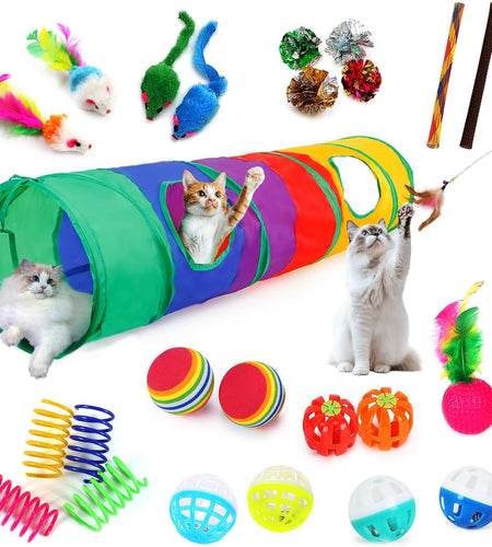 Cat Toys for Indoor Cats Interactive, 25 Assorted Cat Stuff Toys Pack Including Crinkle Tunnel Ball Wand Teaser Feather Mouse Mice Spring Assortment Kit for Cats Kittens Rabbits Puppies