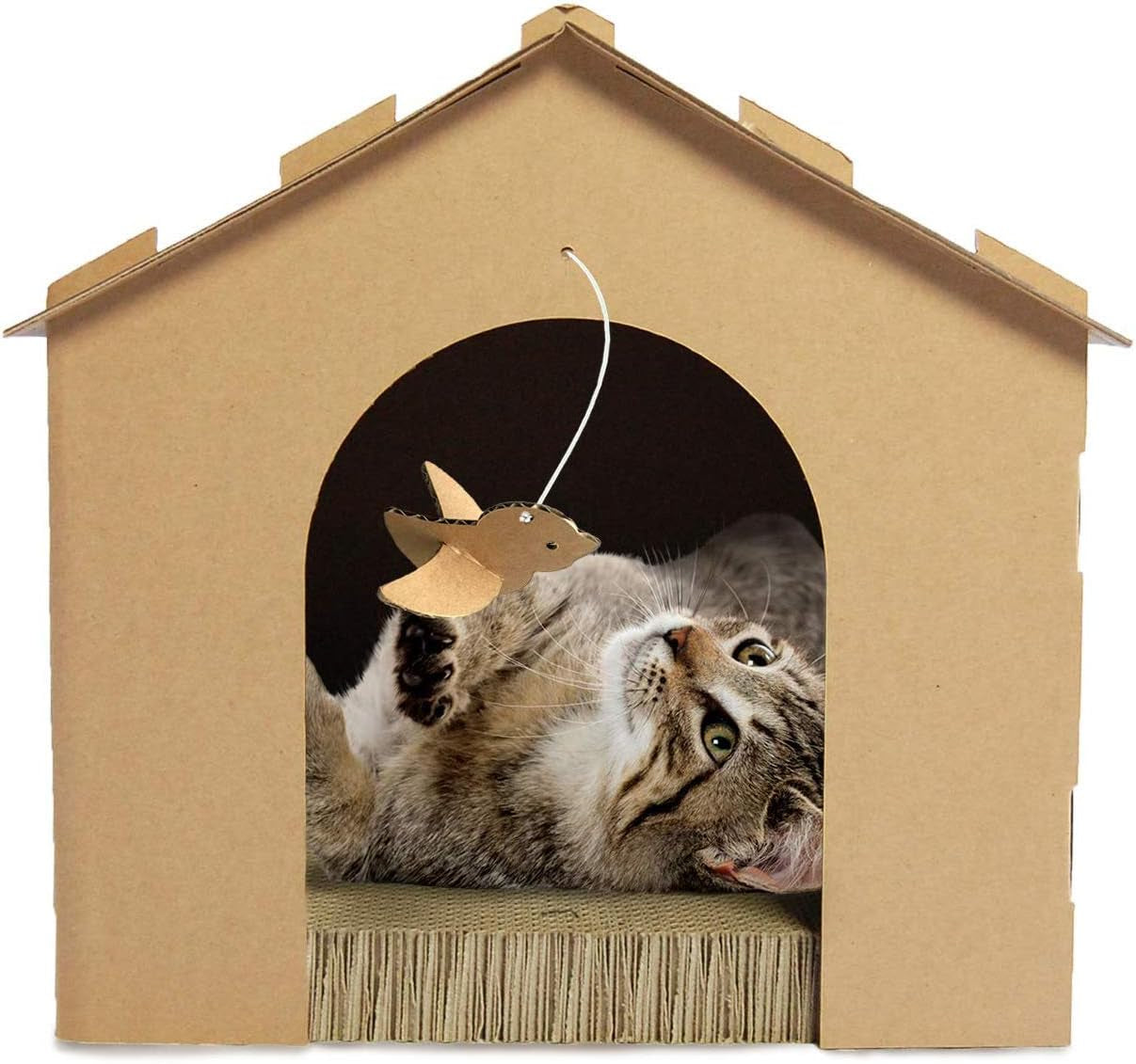 Pet Furniture for Cats and Kittens - Gingerbread House Corrugated Cat Scratcher Hideout with Catnip, Cardboard (Brown), One Size