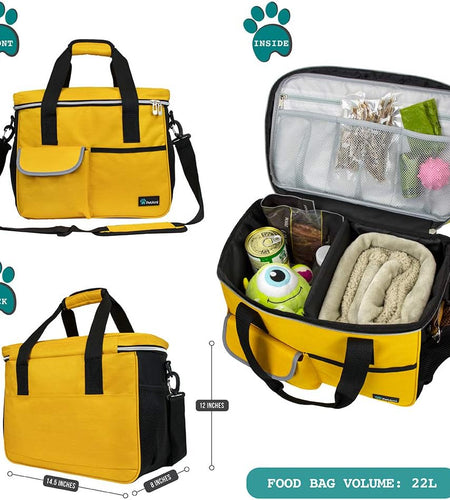 Dog Travel Bag | Airline Approved Tote Organizer with Multi-Function Pockets, Food Container Bag and Collapsible Bowl | Perfect Weekend Pet Travel Set for Dog, Cat (Yellow, Small)